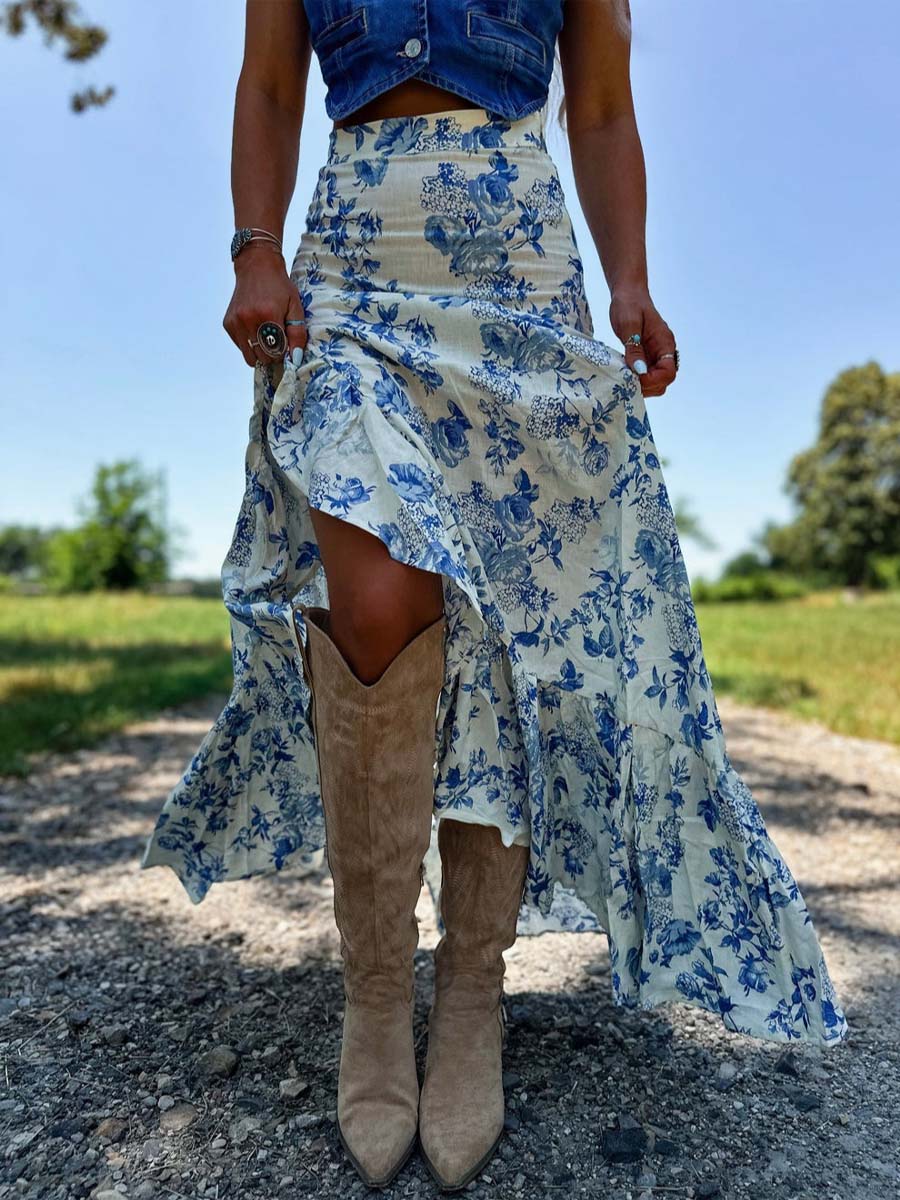 Slit Printed Pleated Swing Skirt Set