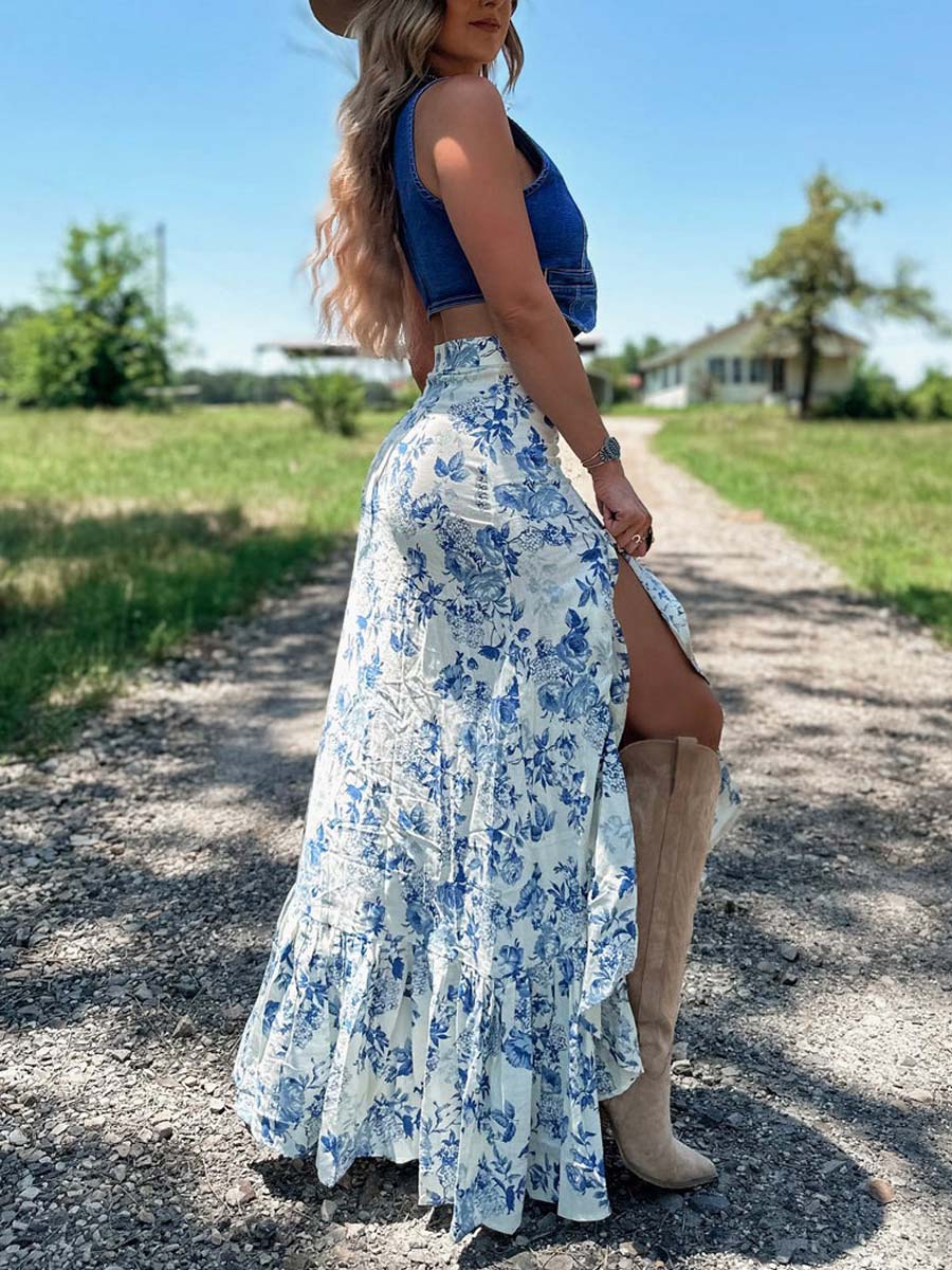 Slit Printed Pleated Swing Skirt Set