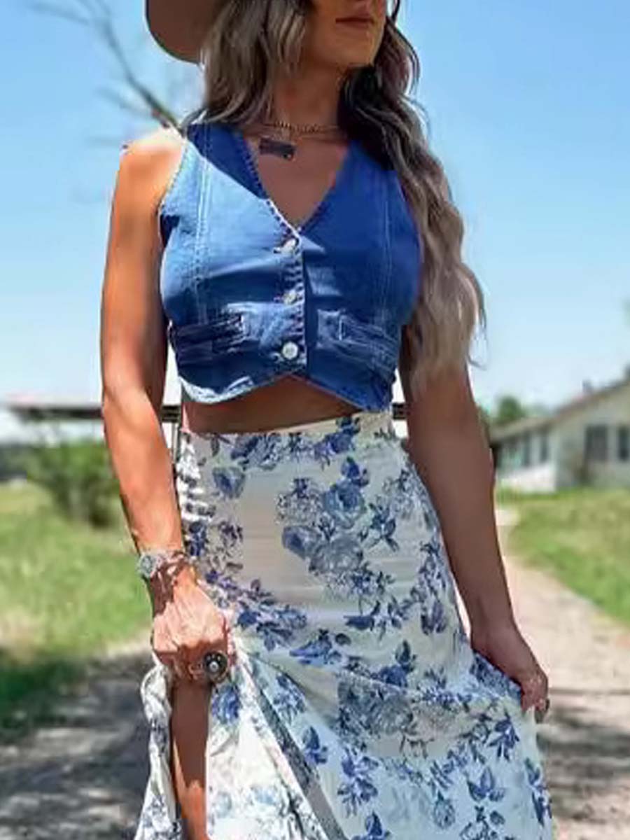 Slit Printed Pleated Swing Skirt Set