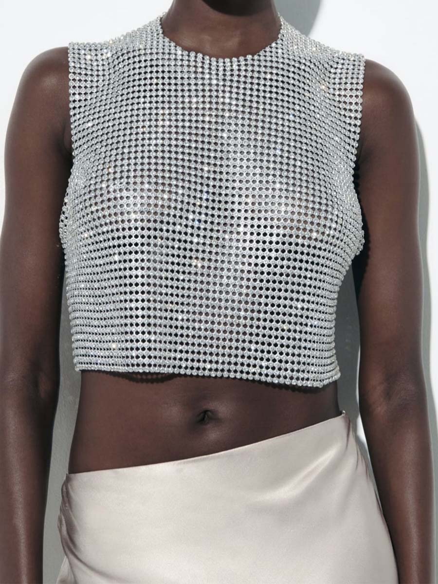 Rhinestone Backless Sleeveless T-Shirt