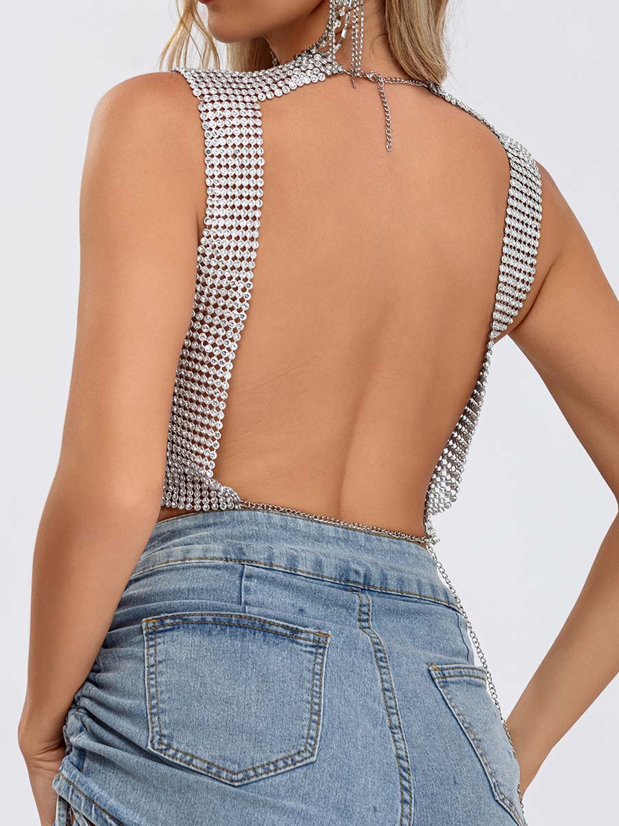 Rhinestone Backless Sleeveless T-Shirt