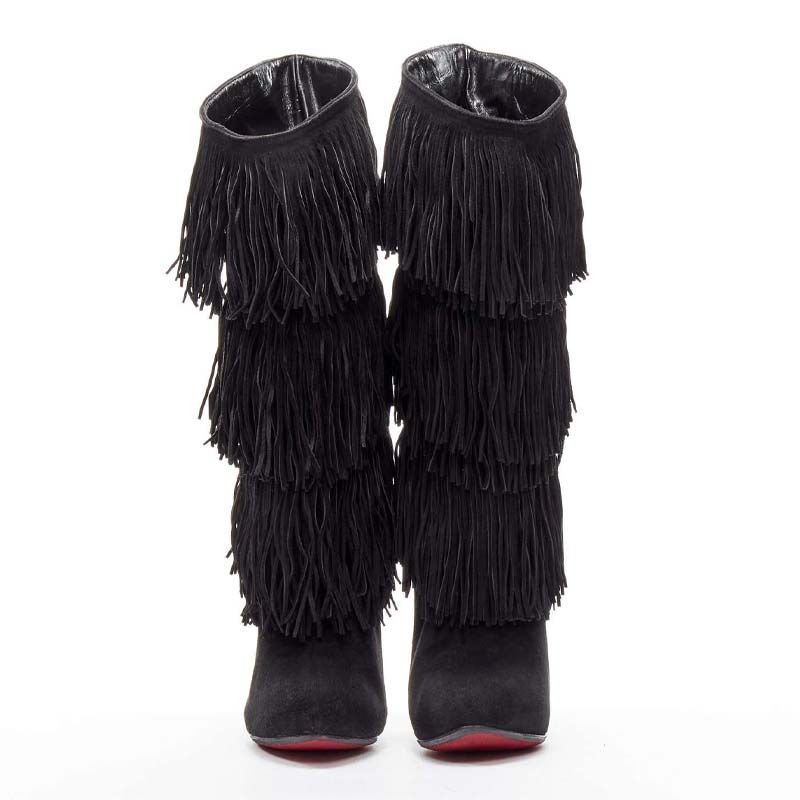 Black Suede Fringe Platform Boots
