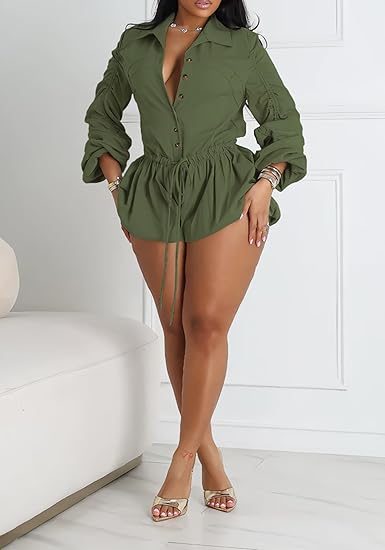 Drawstring Long Sleeve Romper