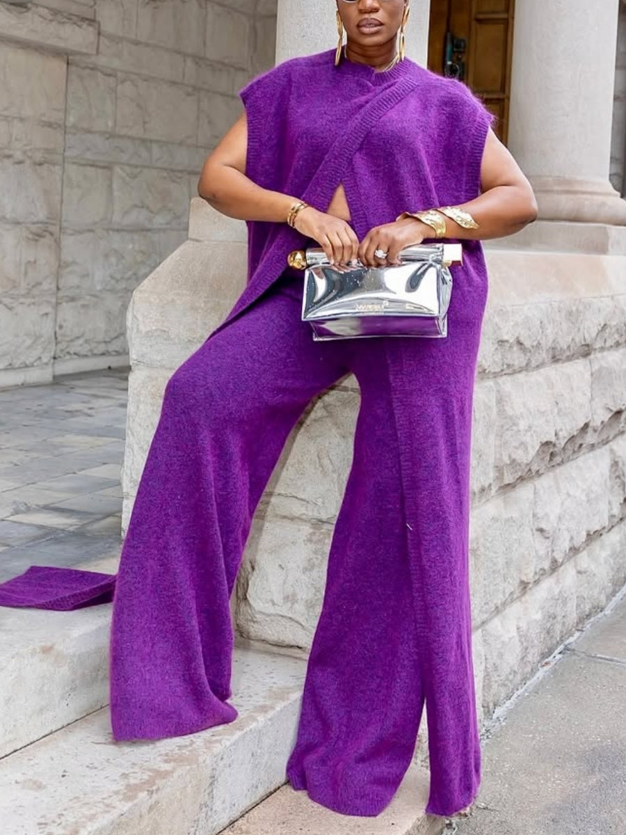 Knitted Slit Top Pants Set