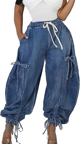 Drawstring Pull-On Cargo Denim Pants