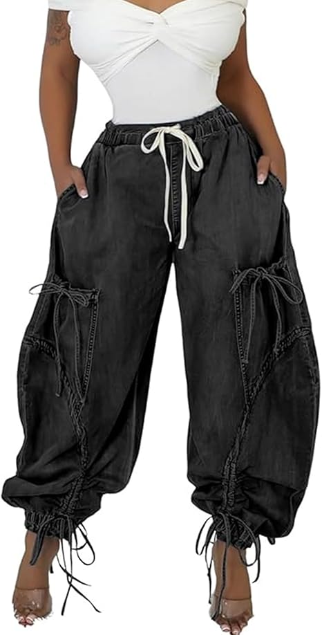 Drawstring Pull-On Cargo Denim Pants