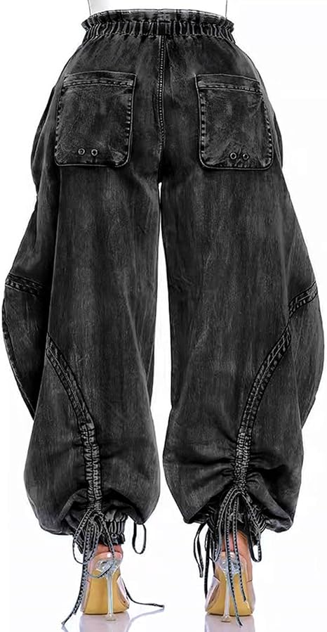 Drawstring Pull-On Cargo Denim Pants