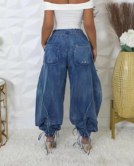 Drawstring Pull-On Cargo Denim Pants