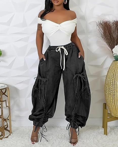 Drawstring Pull-On Cargo Denim Pants