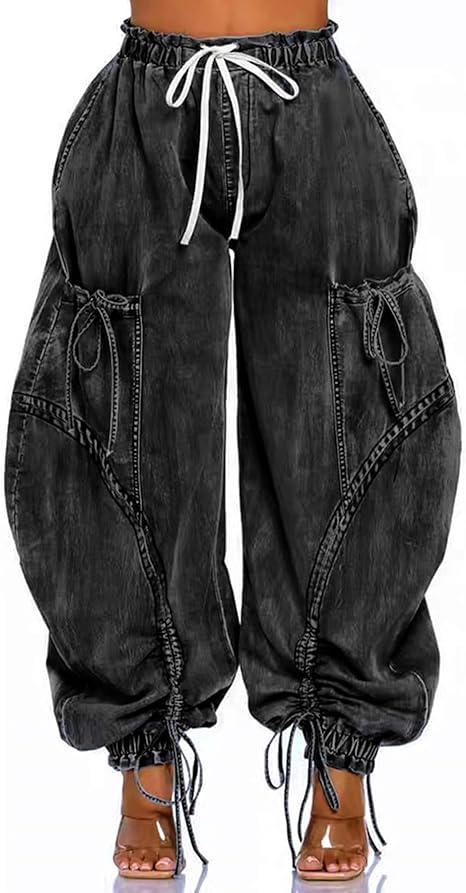 Drawstring Pull-On Cargo Denim Pants