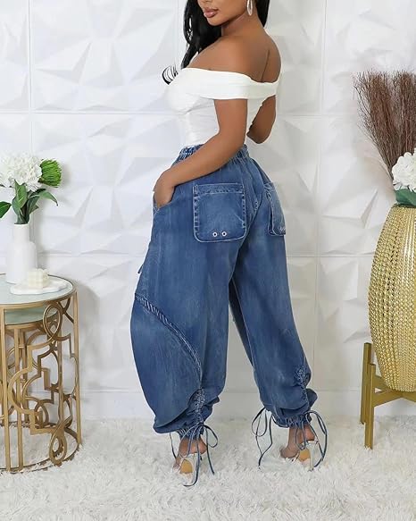 Drawstring Pull-On Cargo Denim Pants
