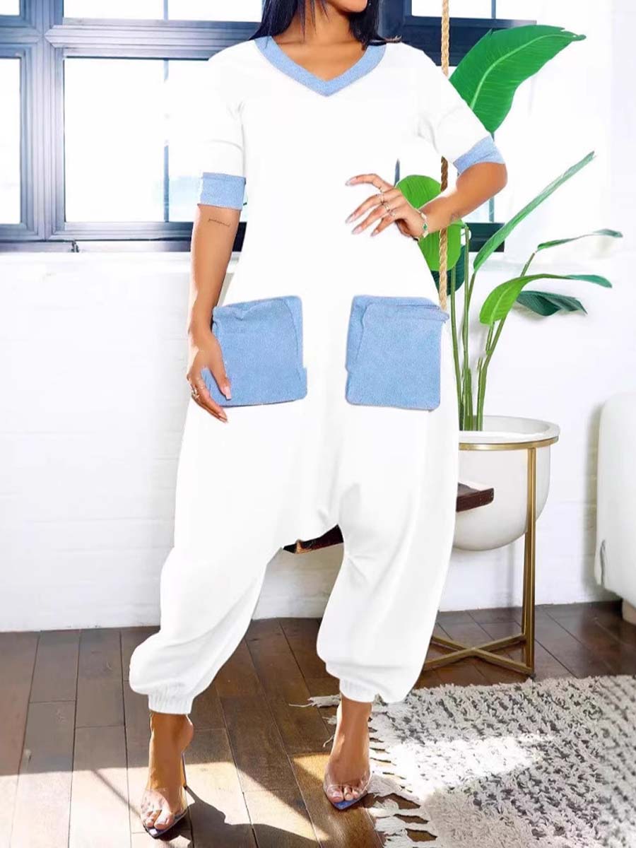 V-Neck Denim Patchwork Loose Jumpsuit