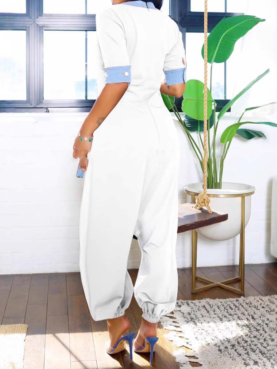 V-Neck Denim Patchwork Loose Jumpsuit