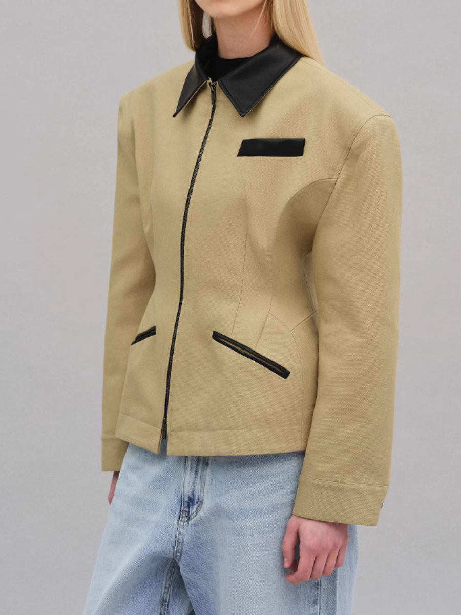 Khaki Tight Waist Profile Short Jacket