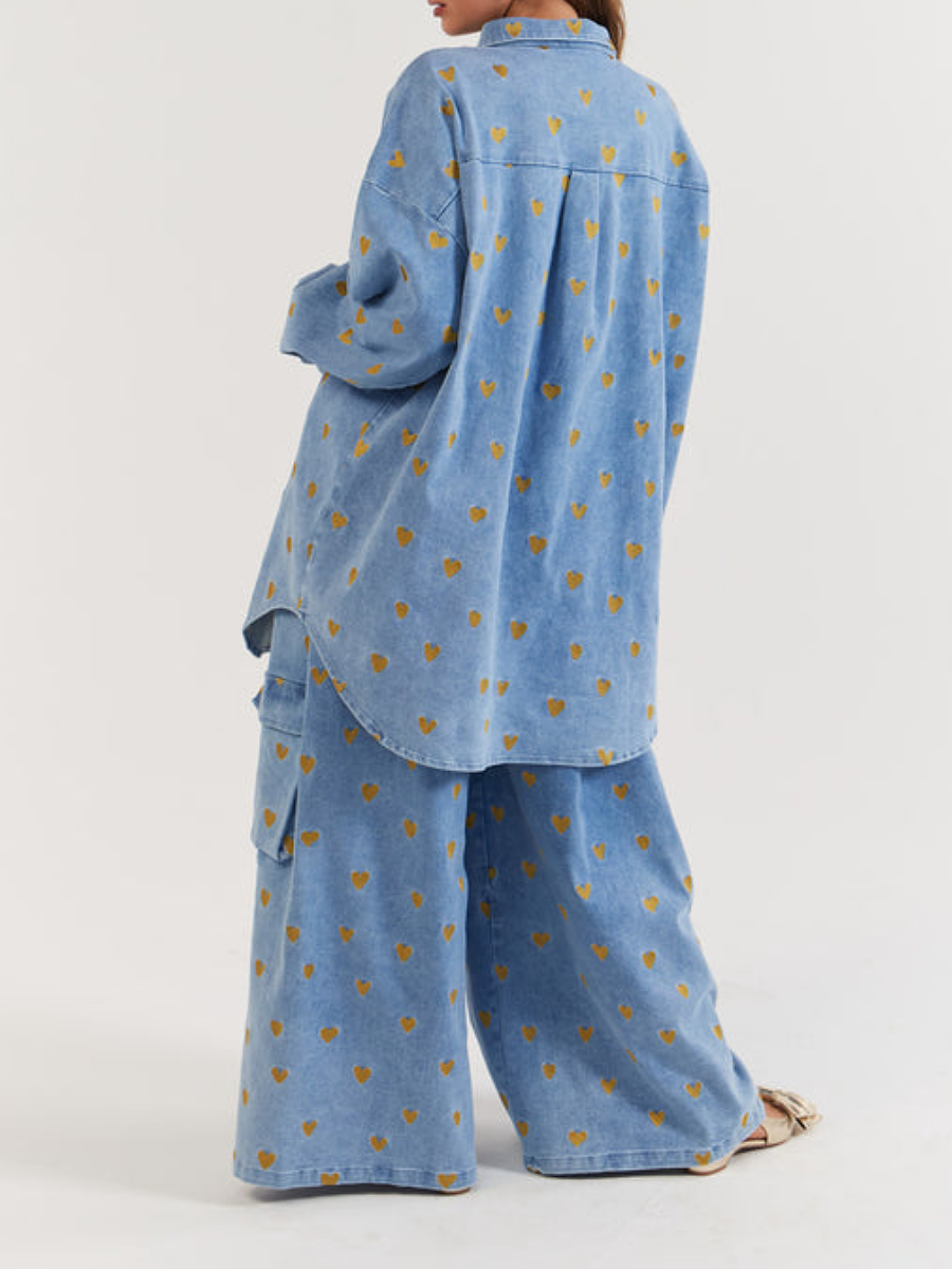 Love Embroidery Denim Pants Suit