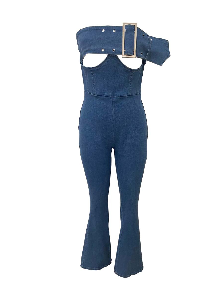 Off-Shoulder Belt-Embellished Denim Jumpsuit