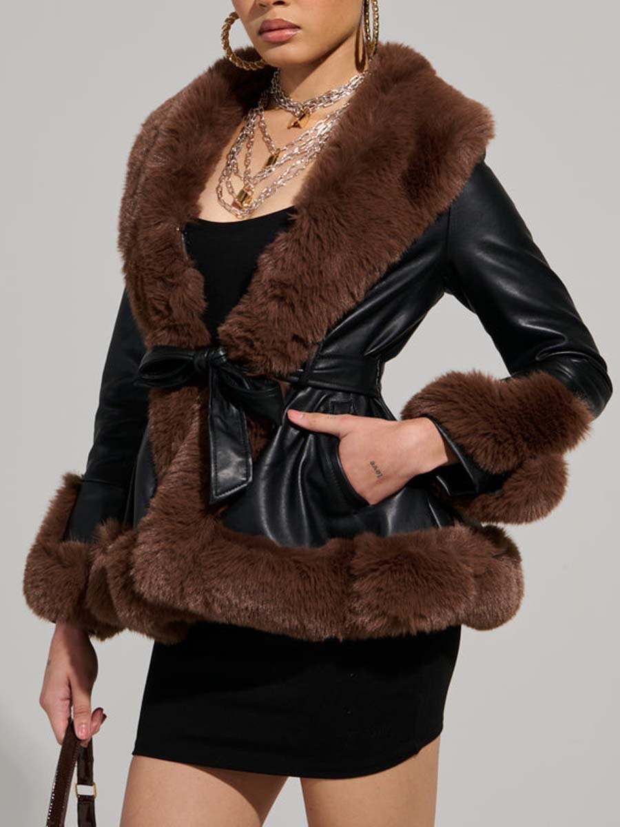 FUR TRIM PEPLUM MOTO IN BLACK BROWN