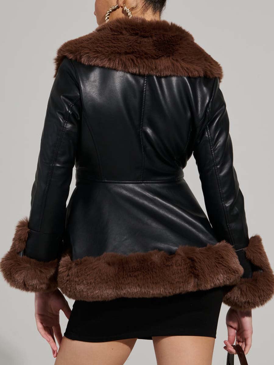 FUR TRIM PEPLUM MOTO IN BLACK BROWN