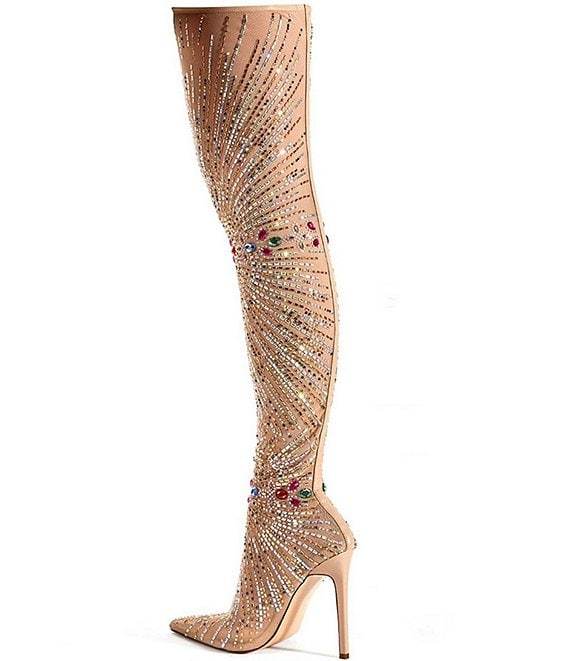 Stretch Mesh Rhinestone Thigh High Dress Boots