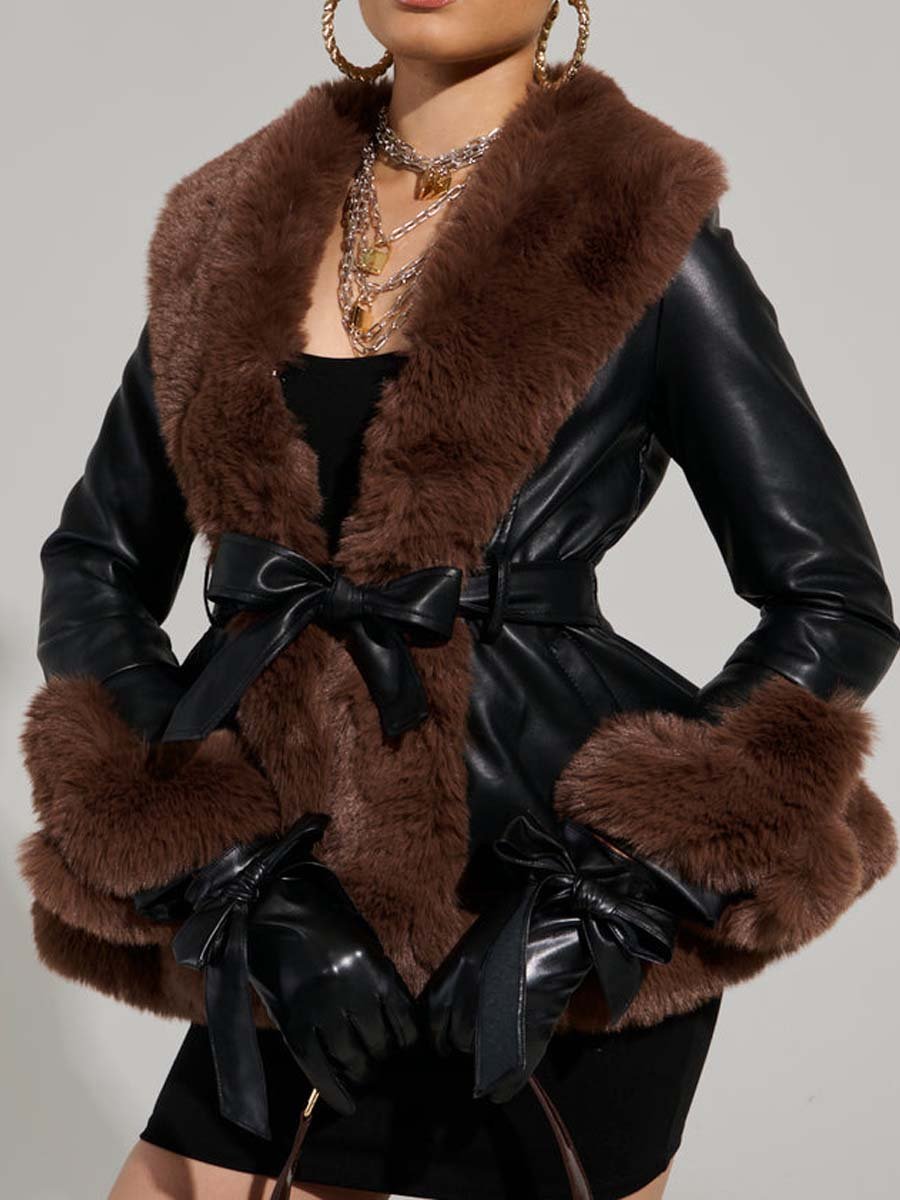 FUR TRIM PEPLUM MOTO IN BLACK BROWN