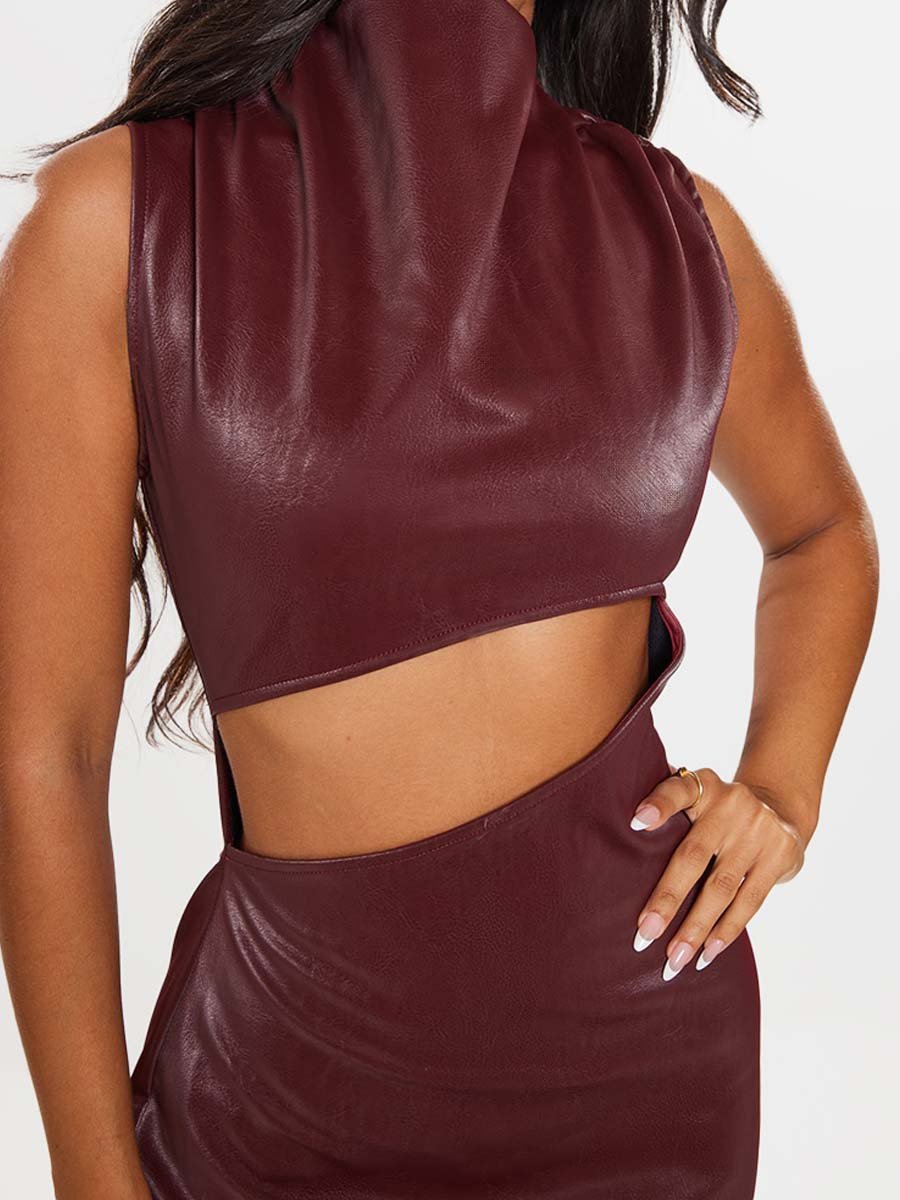 Burgundy Faux Leather Sleeveless Cut Out Mini Dress