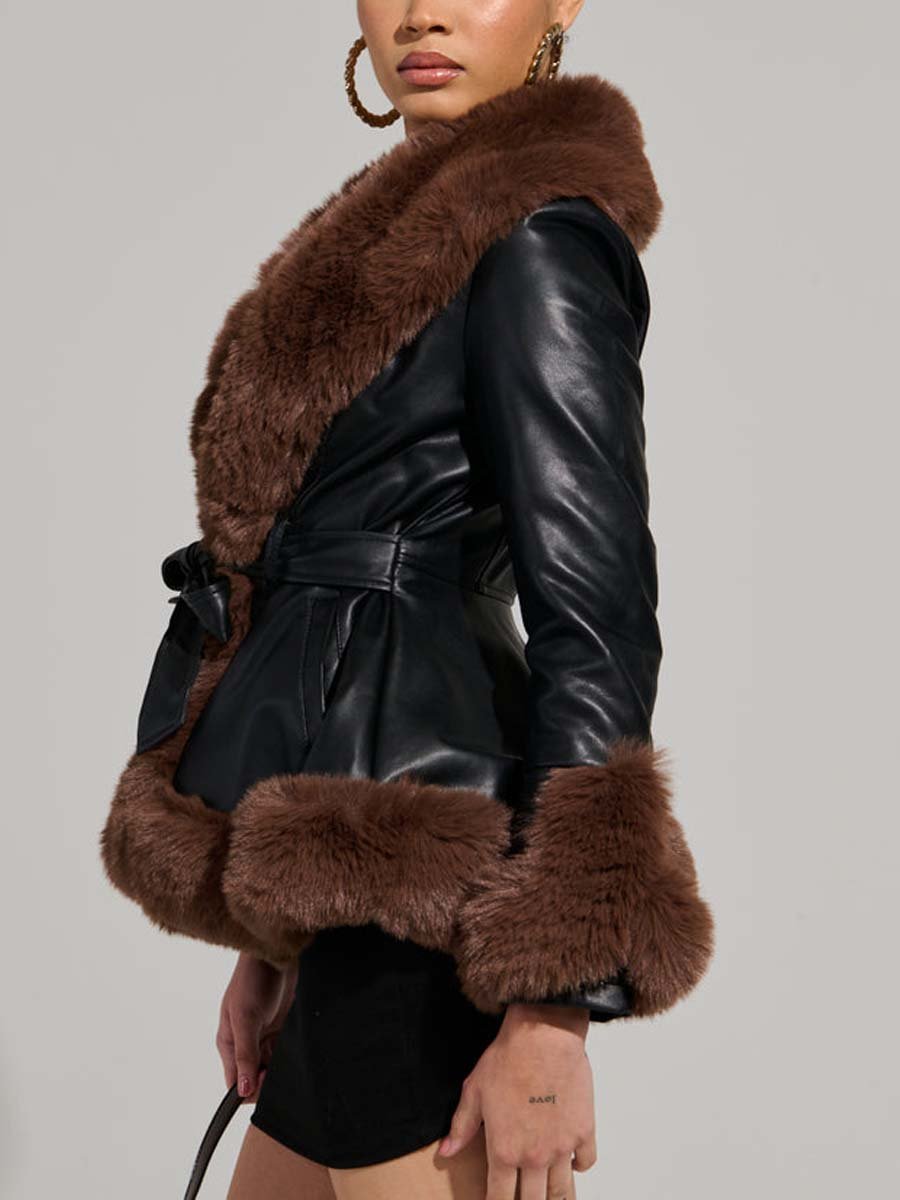 FUR TRIM PEPLUM MOTO IN BLACK BROWN