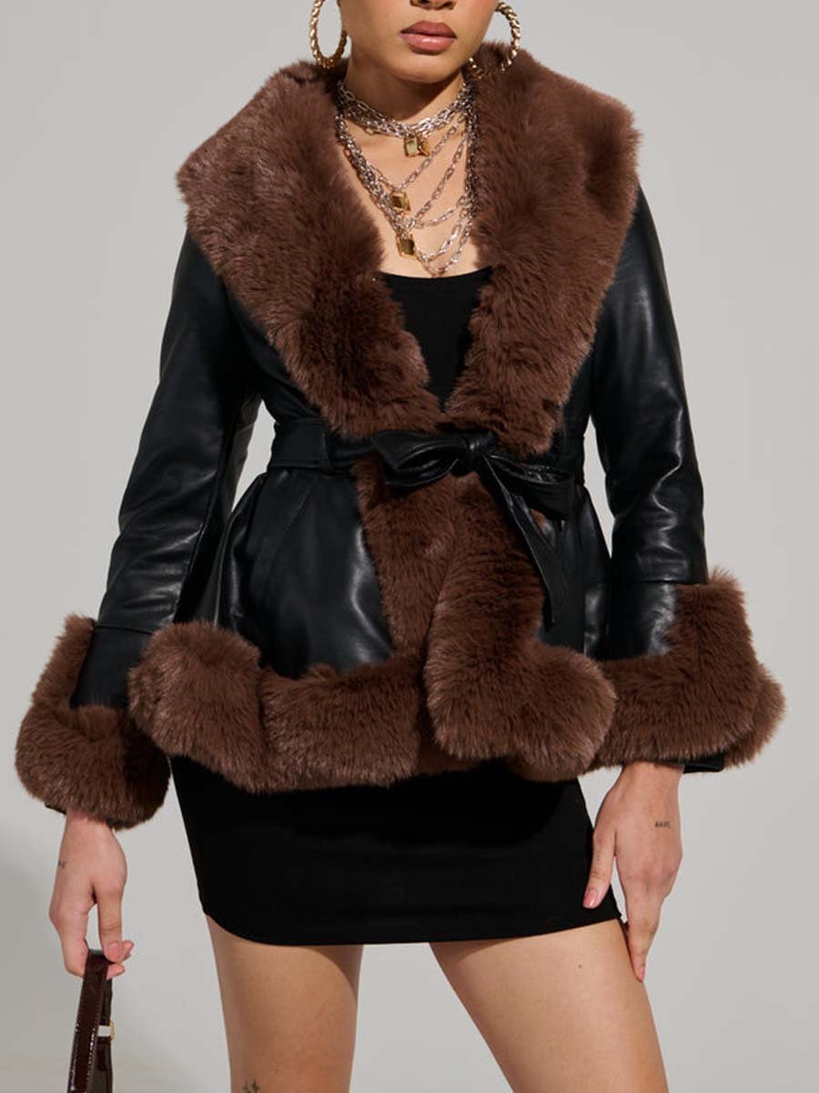FUR TRIM PEPLUM MOTO IN BLACK BROWN