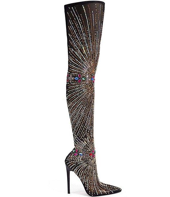 Stretch Mesh Rhinestone Thigh High Dress Boots