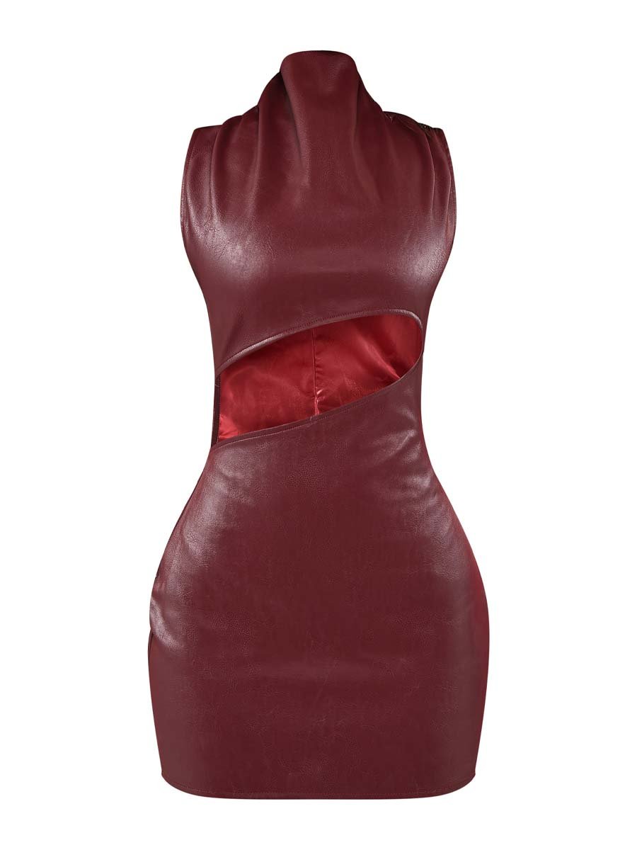 Burgundy Faux Leather Sleeveless Cut Out Mini Dress