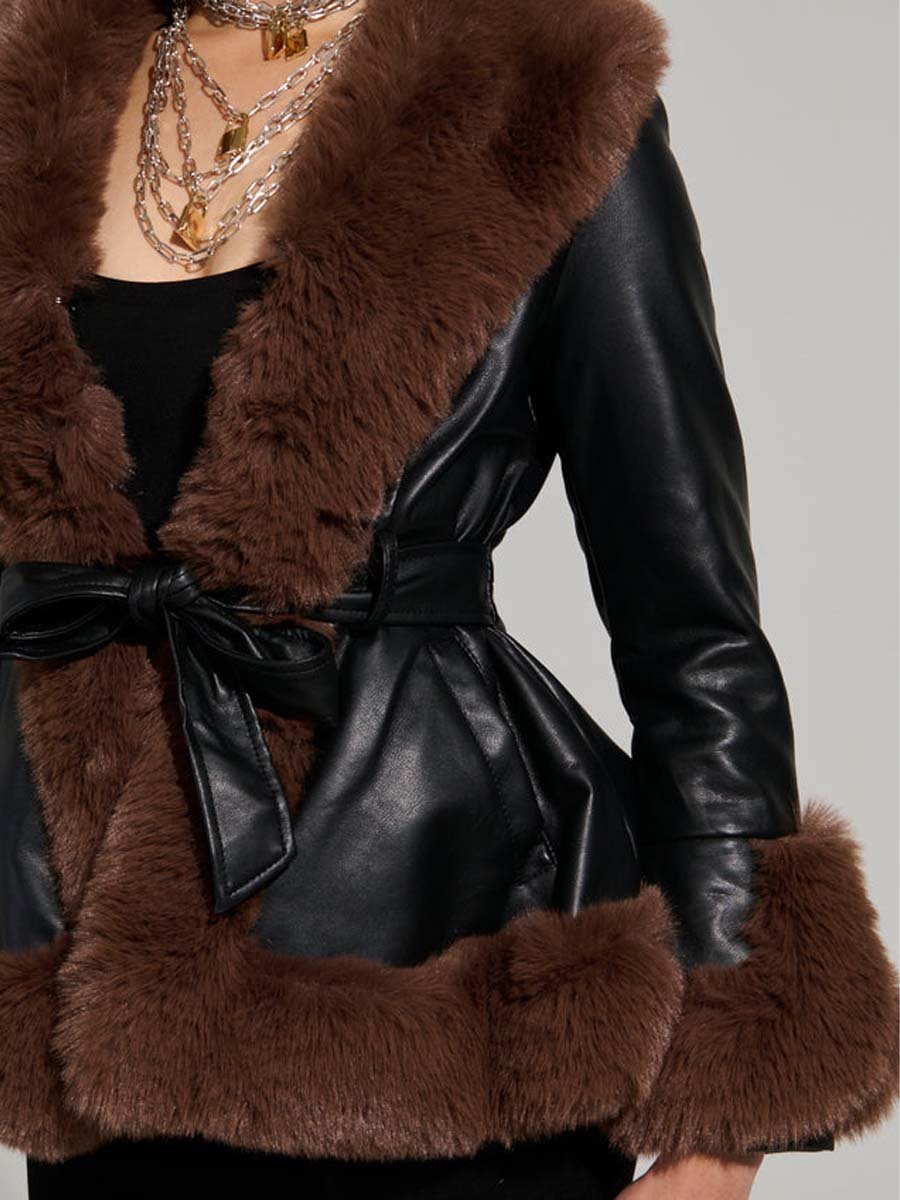FUR TRIM PEPLUM MOTO IN BLACK BROWN