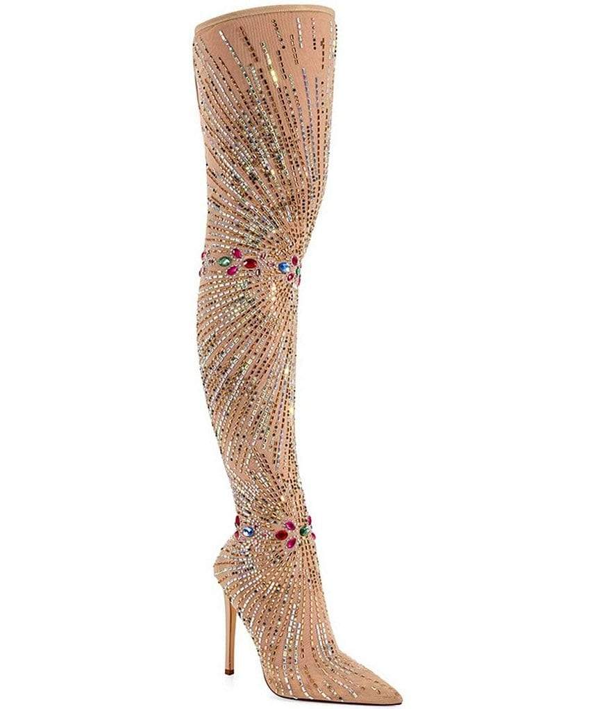 Stretch Mesh Rhinestone Thigh High Dress Boots
