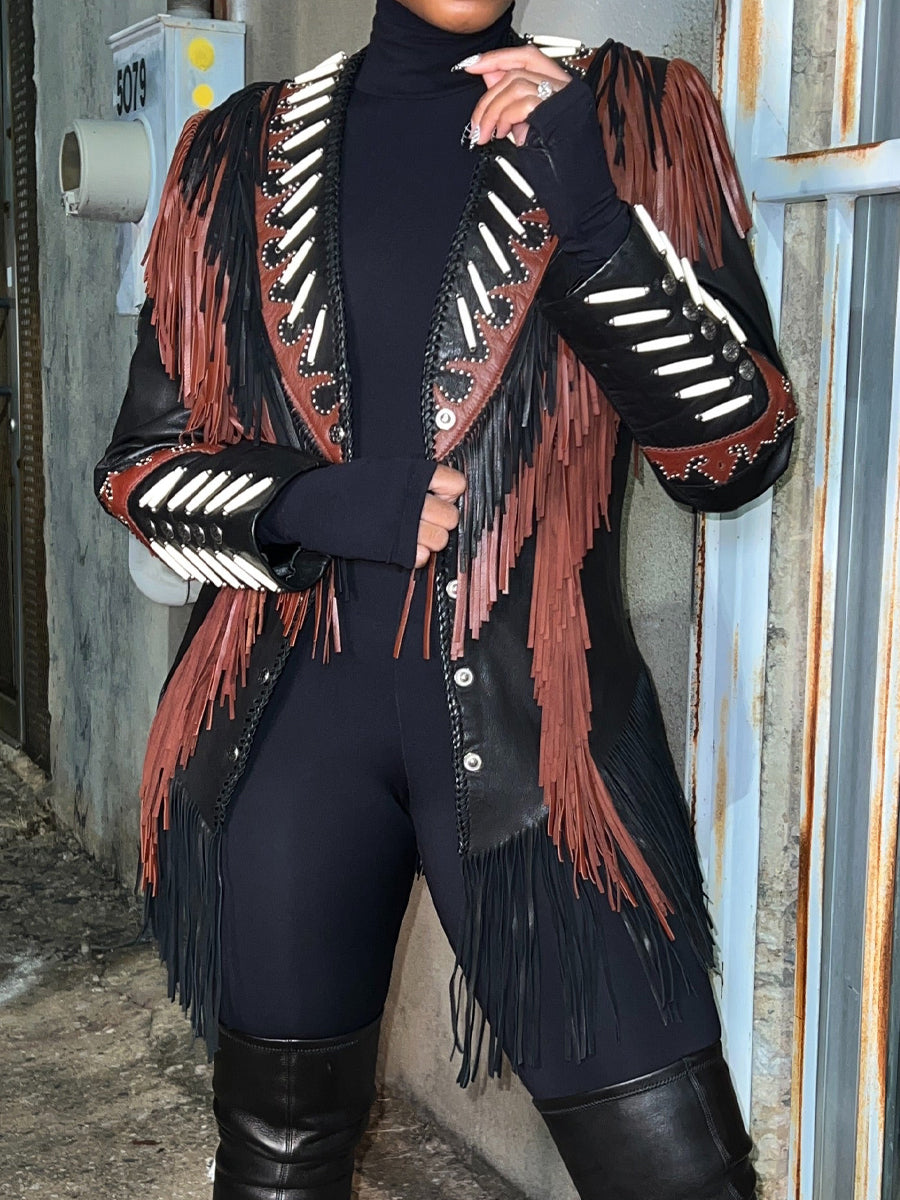 PU Fringe Long Sleeve Jacket