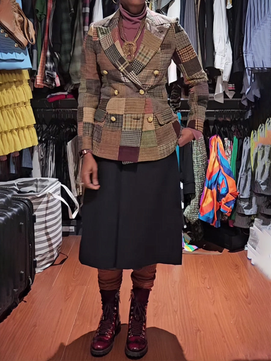 Fashion Button Up Patchwork Tweed Blazer