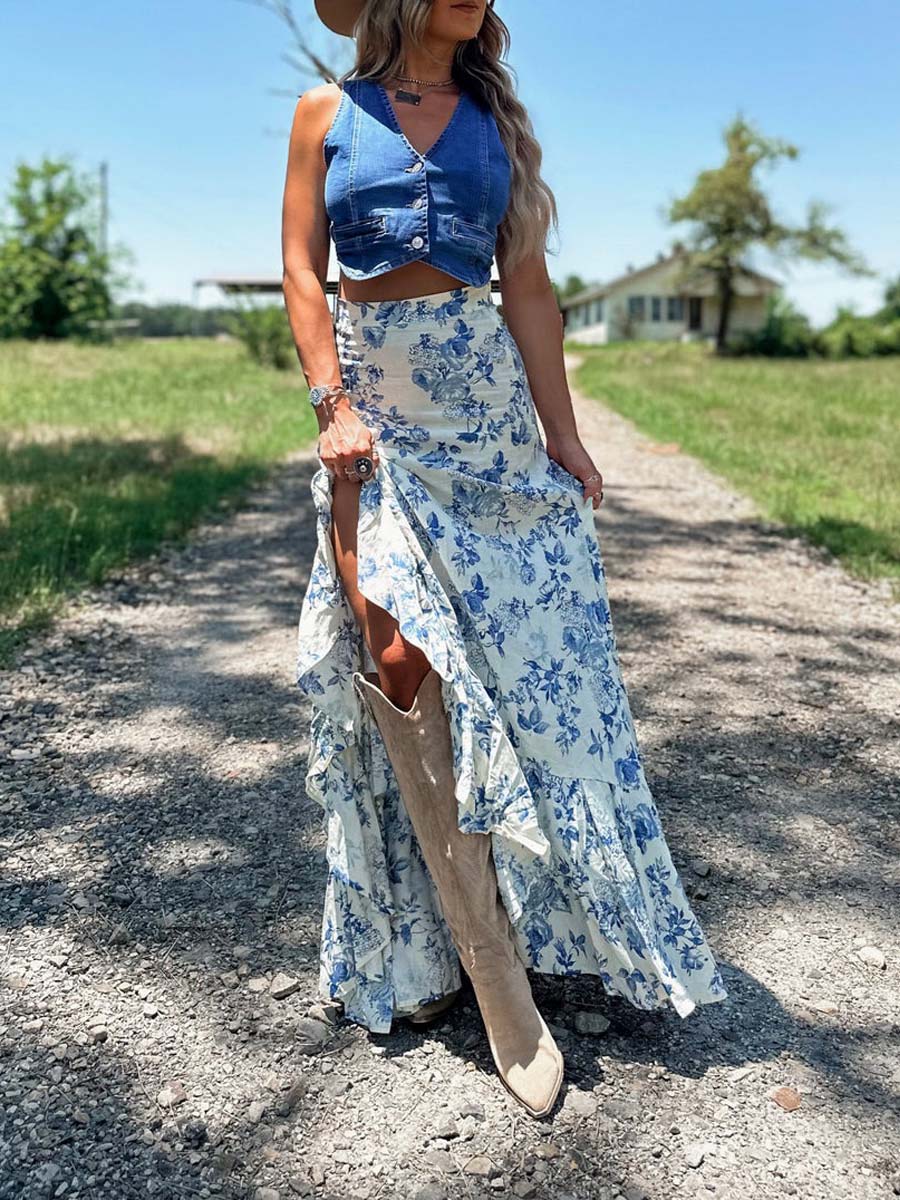 Slit Printed Pleated Swing Skirt Set