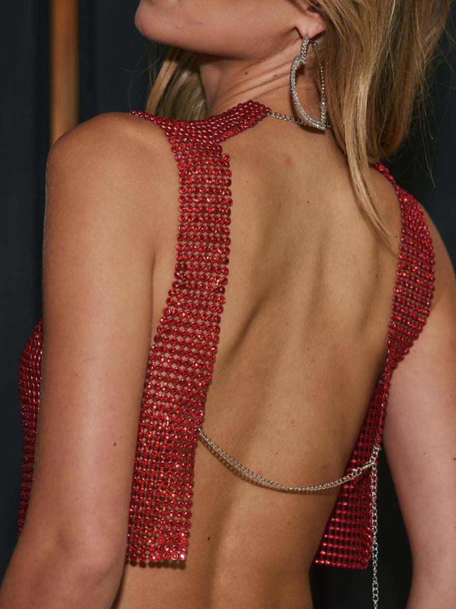 Rhinestone Backless Sleeveless T-Shirt