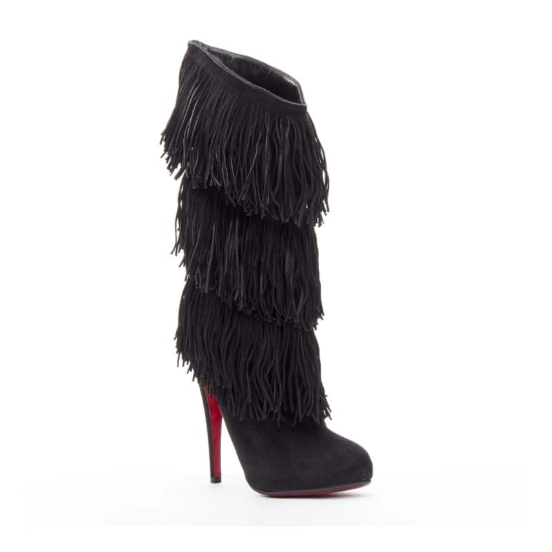 Black Suede Fringe Platform Boots