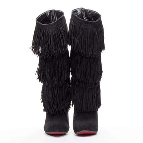 Black Suede Fringe Platform Boots
