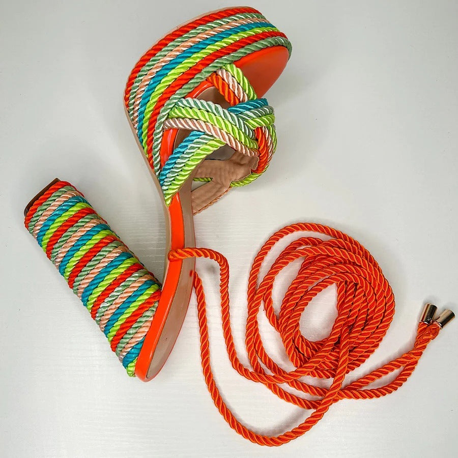 Colorful Rope Thick Heel Strap High Heels