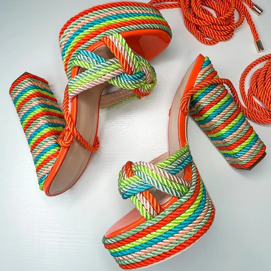 Colorful Rope Thick Heel Strap High Heels