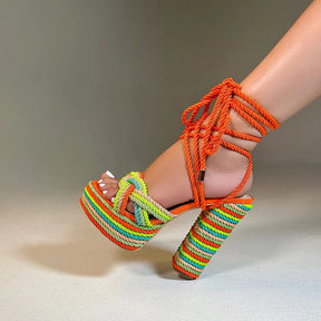 Colorful Rope Thick Heel Strap High Heels