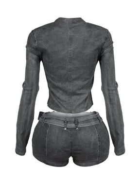 Washed Denim Zip Up Top & Shorts SET
