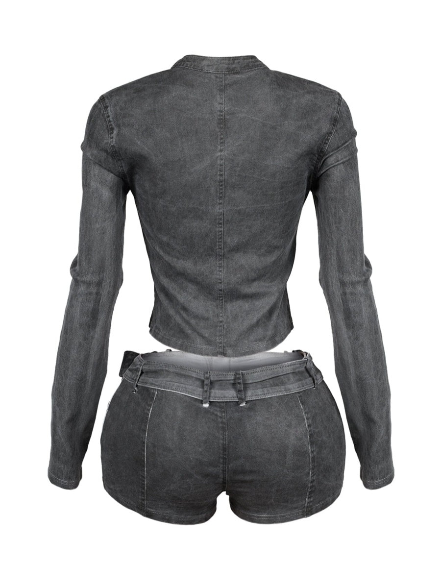 Washed Denim Zip Up Top & Shorts SET