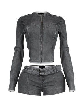 Washed Denim Zip Up Top & Shorts SET