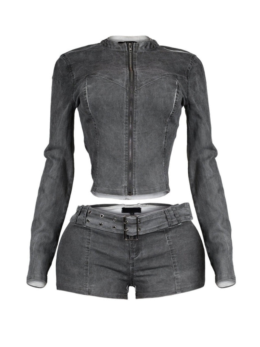 Washed Denim Zip Up Top & Shorts SET
