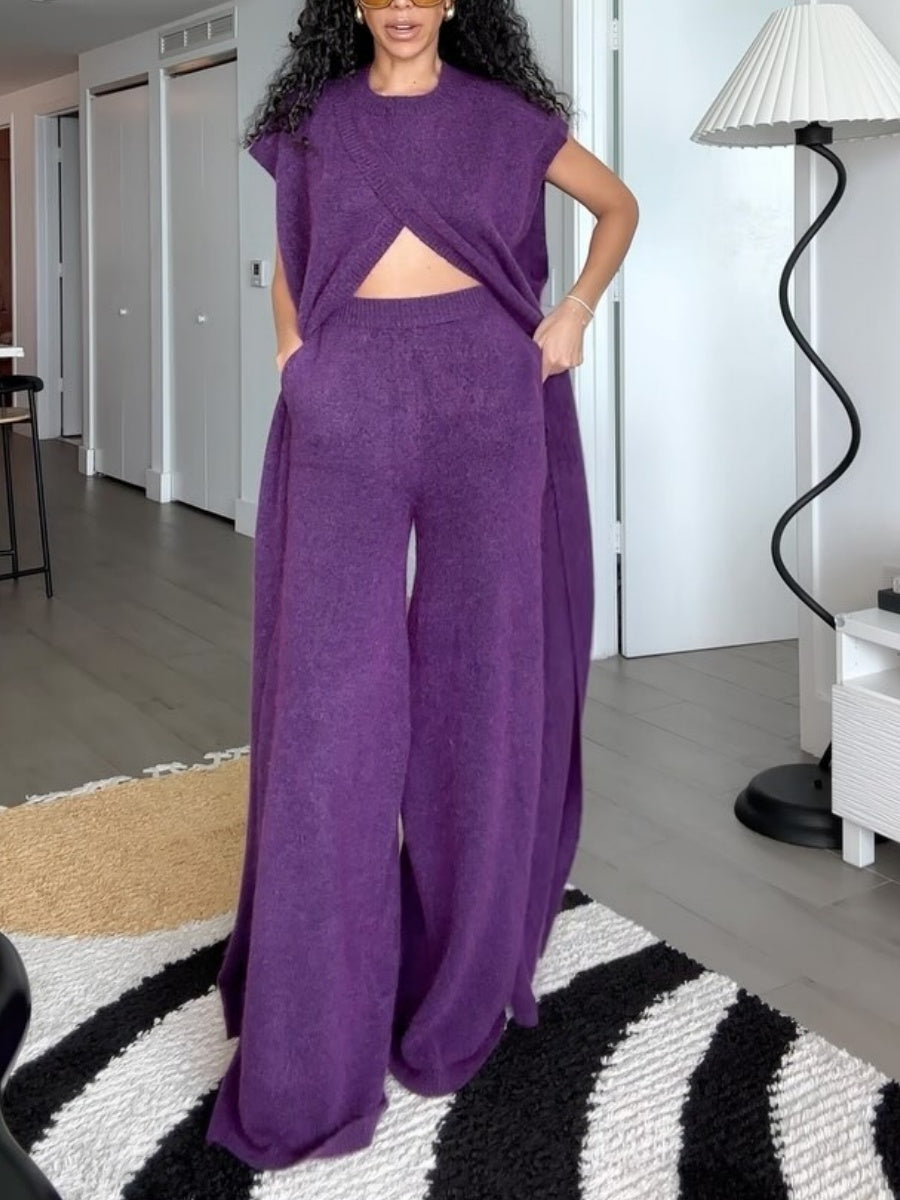 Knitted Slit Top Pants Set