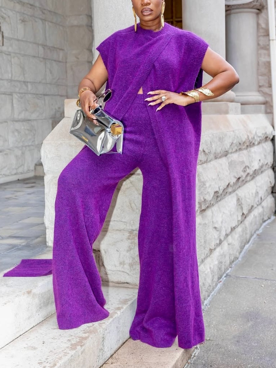 Knitted Slit Top Pants Set