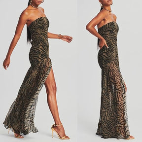 Tiger Stripe Mesh Patchwork Maxi Dress