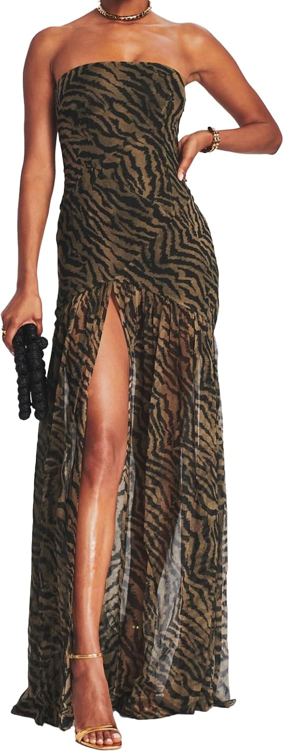 Tiger Stripe Mesh Patchwork Maxi Dress