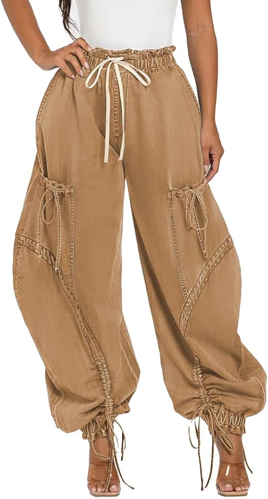 Drawstring Pull-On Cargo Denim Pants