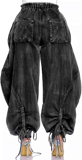 Drawstring Pull-On Cargo Denim Pants